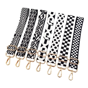 Wide Shoulder Strap For Bag Adjustable Replaceable Polyester Geometric Pattern Black And White Ethnic Style With Metal Hooks