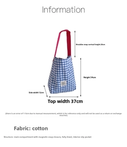 Tableau des tailles détaillé du sac cabas à carreaux avec dimensions et détails