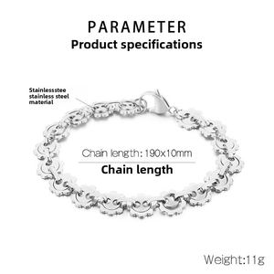 Detail view of silver punk gear chain bracelet showing dimensions and stainless steel material