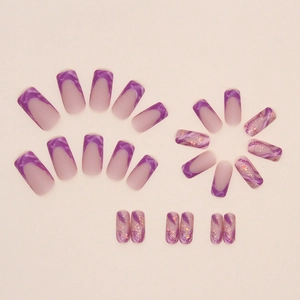 Purple marble press-on nails with glitter finish and medium-long square shape
