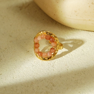 Gold titanium steel open ring with orange natural stone beads and hammered texture finish