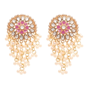 Exaggerated pink enamel flower earrings with pearl tassels and shimmering crystal accents