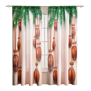 Christmas window curtains with festive pine needles and ornaments on cream background