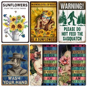 Set of six vintage garden tin signs with sunflower and retro decorative illustrations
