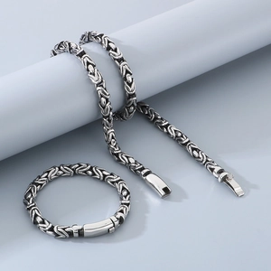 Men's stainless steel Byzantine chain jewelry set with necklace and bracelet