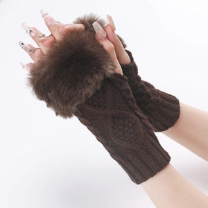 Close-up of cable-knit texture and plush faux fur trim on deep brown fingerless gloves
