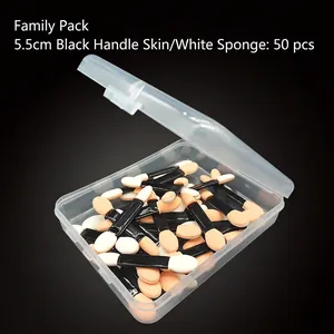 Detail view of 50 disposable double-sided sponge eyeshadow applicators in a clear storage box