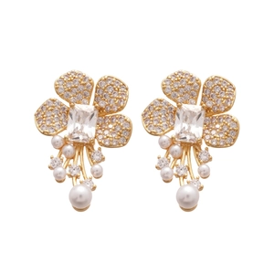 Elegant floral pearl earrings with zircon stones and gold tassels for women