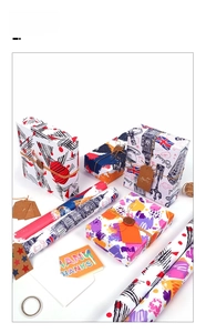 Detailed set of premium gift wrapping paper with London motifs and matching gift box accessories