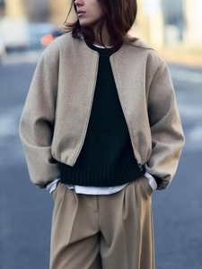 Fashionable khaki bomber jacket in thick fabric for women, loose fit style for spring