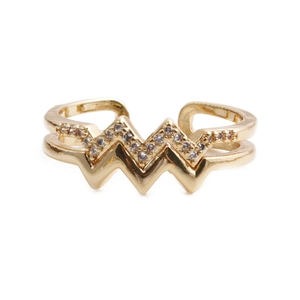 Elegant gold double-layered wave ring with cubic zirconia stones and adjustable open band