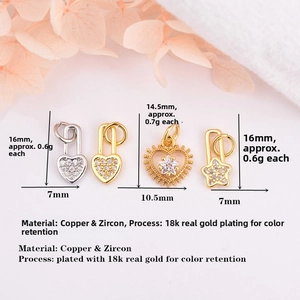 Detail of copper zircon heart and star pendants for DIY jewelry with dimensions