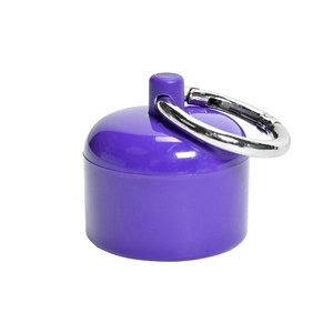 Detail of purple round storage box with a silver metal carabiner keychain hook
