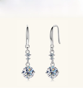 Detail of S925 sterling silver drop earrings with moissanite stones and elegant ear hooks