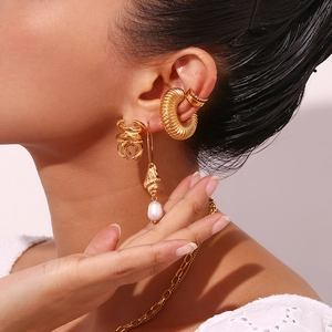 18K gold plated hoop earrings with natural freshwater pearls and seashell charms
