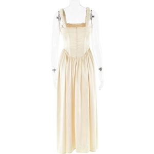 Detailed back view of beige maxi dress featuring square neckline and zipper closure