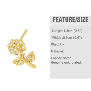 Detailed dimension guide for gold flower earrings with white zircon, size 1.3cm by 0.9cm