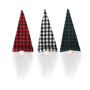 Three-piece Christmas gnome wine bottle covers set with plaid patterns and faux fur beards
