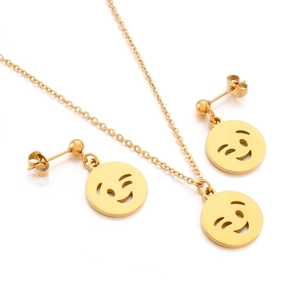 Gold stainless steel smiley face necklace and earrings jewelry set for women