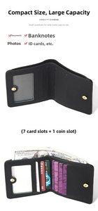 Detail of genuine leather RFID wallet showing 7 card slots and a cash compartment