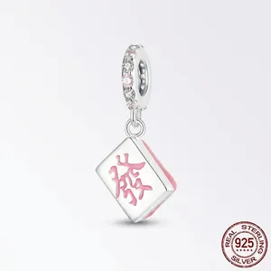 925 Sterling Silver Mahjong Lucky Fa Pendant Necklace Pink Enamel Zirconia Inlaid Chinese Style Charm For Women DIY Jewelry