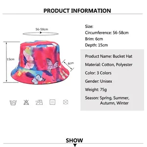 Tie-dye reversible bucket hat with butterfly print for outdoor sun protection