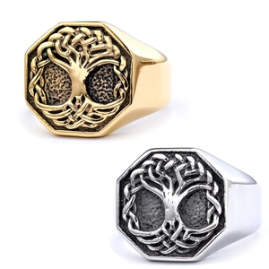 Tree Of Life Signet Ring Stainless Steel Vintage Punk Octagonal Yggdrasil Jewelry For Men