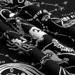 Macro shot of durable black fabric featuring white zodiac constellation and astrological art