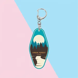 Acrylic vintage keychain with virgin forest illustration on pink and blue background