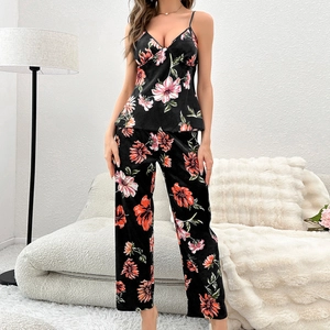 Women's floral print silk-like satin pajamas set with camisole and wide-leg pants