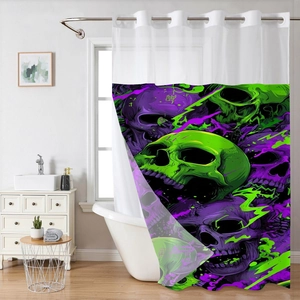 Detail view of artistic waterproof shower curtain with vibrant purple and green skull patterns
