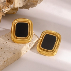 Vintage gold-plated stainless steel square stud earrings with black resin inlay