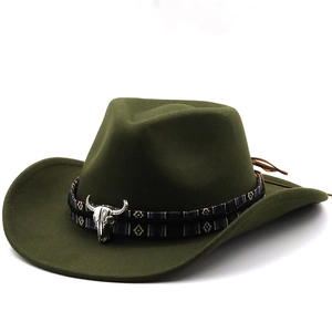 Vintage Western Cowboy Hat Cashmere Felt Bull Head Decoration Ethnic Woven Band Wide Brim Fedora Jazz Hat For Men Women