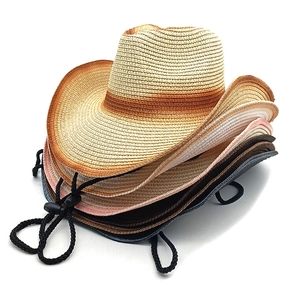 Women Straw Cowboy Hat Gradient Wide Brim Summer Beach Sun Hat With Windproof Rope Breathable Foldable Western Style