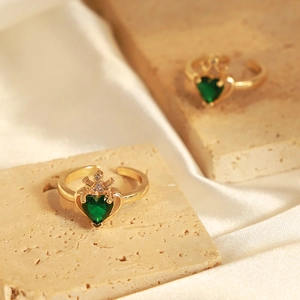 Anello corona lusso francese dorato con zircone verde, design aperto e regolabile
