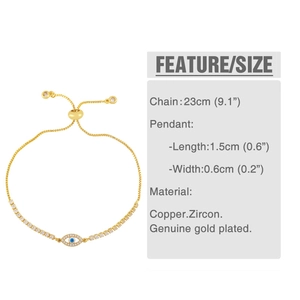 Detailed size chart for the Evil Eye bracelet showing 23cm chain length and charm dimensions