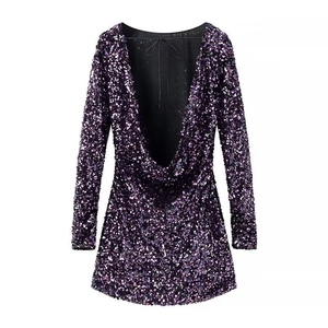 Elegant purple sequin long sleeve backless party dress for women with A-line silhouette