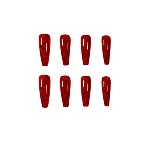 Deep red long coffin press-on nails with realistic rose floral pattern and glossy finish