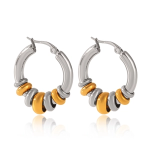 Detail of two-tone stainless steel earrings with movable gold and silver rings