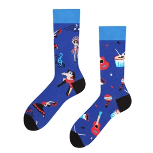 Detail of dark blue crew socks with music motifs, dancing figures, and instruments