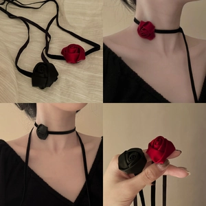 Fabric Rose Flower Necklace Ribbon Choker Long Tie Adjustable French Retro Gothic Elegant Jewelry For Women