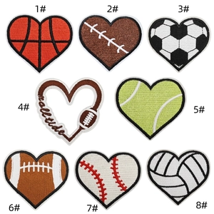 Set of 8 heart-shaped chenille sports patches showing detailed embroidery texture