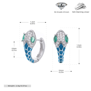 Detail of s925 silver snake earrings with blue enamel, zircons and size specifications
