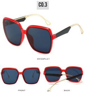 Detailed multi-angle view of oversized red square sunglasses with gold metal accents