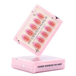 Pink French almond press-on nails in elegant packaging with glossy translucent finish