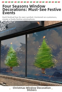 Detail of Christmas tree window decals with stars and Merry Christmas text for shop glass