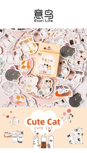 Close-up of cute cartoon cat stickers scattered on a pink background with a glass tray