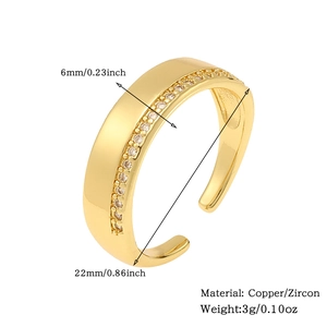 Detailed view of 18K gold plated copper ring with zircon inlay and 6mm width measurement