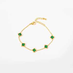 French vintage style 18K gold plated bracelet featuring five square emerald zircons