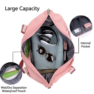 Pink large capacity travel sports bag with wet dry separation and waterproof nylon